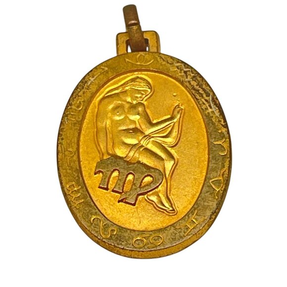 Virgo Zodiac Gold Tone Pendant Amulet With Astrological Symbols & Dates - Picture 2 of 5